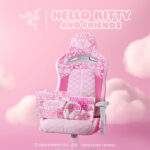 A pink car seat with clouds in the background Description automatically generated