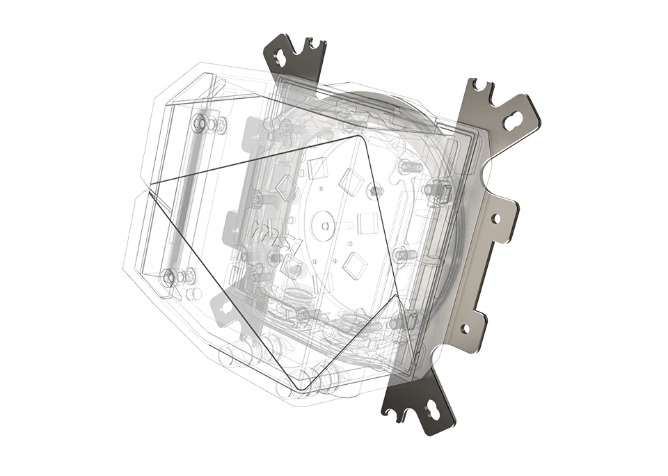 A transparent object with metal corners Description automatically generated